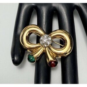 Joan Rivers Signed Bow Brooch Gripoix Style Glass Rhinestone Gold Tone
